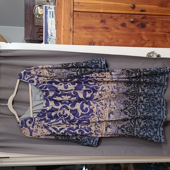 Rabbit Rabbit Rabbit Womens Dress Blue Tan Pleated Neckline Lined Sz 16W EUC - Picture 1 of 12